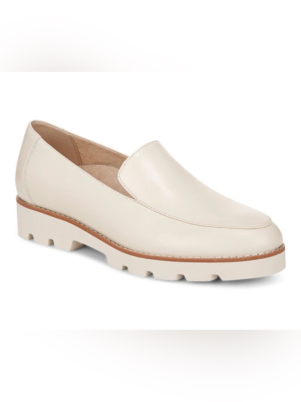 Vionic Kensley Cream Leather Chunky Sole Loafers with brown trim